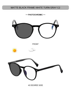 Men's fashion round photochromic sunglasses with matte black frame for outdoor UV protection.