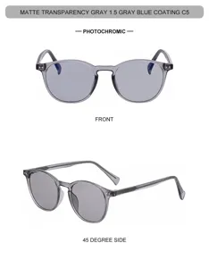 Matte transparent gray photochromic sunglasses for men, anti-uv oval fashion eyewear detail.