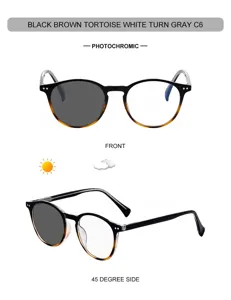 Detail view of oval photochromic sunglasses with black brown tortoise frame and gray lenses.