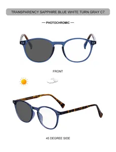 Photochromic oval sunglasses detail view, transparent blue frame with tortoise temples.