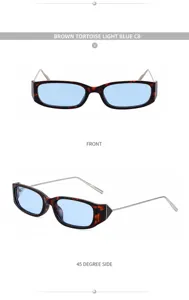 Lunettes de soleil carrées tendance écaille avec verres bleu clair et branches métalliques.