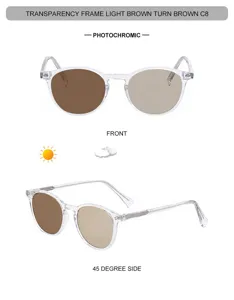 Transparent frame photochromic sunglasses detail, brown color-changing lens view.