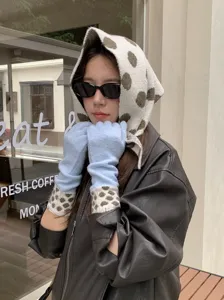 Stylish knitted polka dot hood headscarf and warm gloves set, fashion retro winter daily wear accessory.