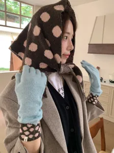 Korean style knitted polka dot balaclava and warm gloves set, vintage fashion winter accessories.