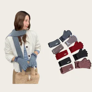 Conjunto de Bufanda y Guantes de Punto a Rayas para Mujer Invierno Cálido Suave Poliéster Bufanda y Guantes para Accesorio de Moda Diario