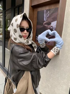 Korean style polka dot knitted hood scarf and warm gloves set, retro fashion winter accessories.
