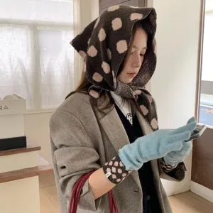 Korean style polka dot knit headscarf and warm gloves set, vintage retro winter fashion