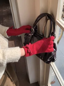 Guantes de punto rojos mujer invierno lazo acogedor mitones cálidos y estilo moda