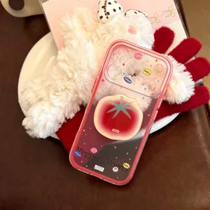 Vue détaillée de la coque de téléphone transparente avec support tomate et étoiles mignonnes.