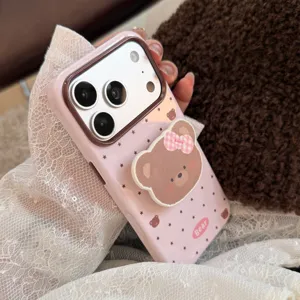 Gedetailleerd overzicht van schattige beren strik telefoonhoesje, zachte hoes met handige houder