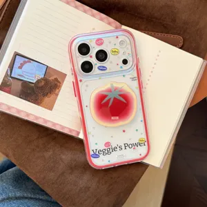 Vue détaillée d'une coque transparente avec support tomate mignon et bordure rouge.