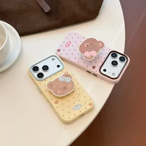 Schattige cartoon beer telefoonhoesje met houder voor iPhone 17Pro 16 15 roze gele hoes