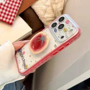 Coque transparente avec support tomate, design mignon d'étoiles colorées, bordure rouge.