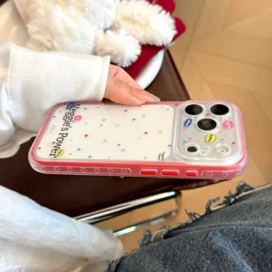 Coque de téléphone transparente avec de petites étoiles colorées et bordure rouge.