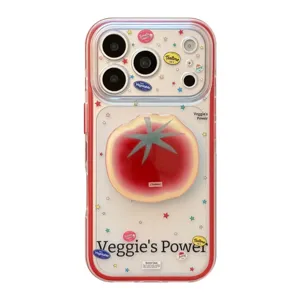 Coque de telephone transparente a bord rouge avec motif de tomate et etoiles colorees.