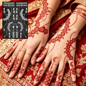 Pochoir de Tatouage au Henné Indien pour Femmes Mariée Main Motif Rose Lune Mandala Décoration de Tatouage Temporaire