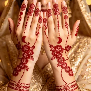 Detail en gros plan de pochoirs de tatouage de main de henna indiens avec rose et lune.