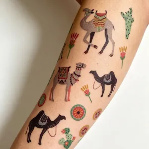 Sticker de tatouage temporaire style ethnique exotique avec motifs de chameaux et cactus.