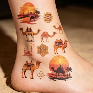 Gros plan détaillé de l'autocollant de tatouage mandala chameau désert temporaire.