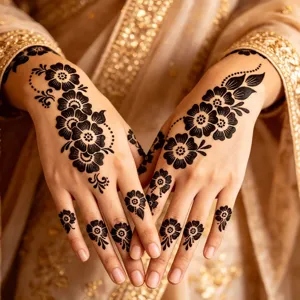 Pochoirs de tatouage au henne indien pour decoration de main de mariee avec motifs floraux.