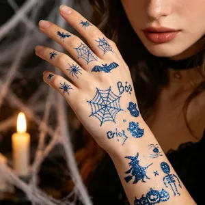 Halloween tatouages temporaires à paillettes bleues araignrée squelette fête autocollant