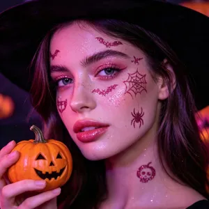 Gros plan de tatouages de visage temporaires d'Halloween scintillants avec des motifs de fêtes.