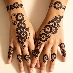 Vue détaillée de pochoirs de tatouage au henné floral complexes et d'art corporel élégant.