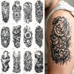 Autocollants de Tatouage Temporaire Demi-Bras Noir et Blanc Imperméable Art Corporel Réaliste Lion Loup Hibou Crâne Engrenage Mécanique