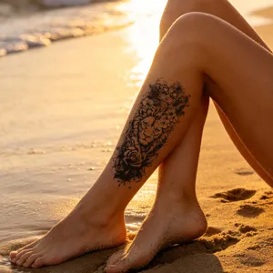 Lion couronne rose autocollant de tatouage temporaire pour jambe art corporel mode style