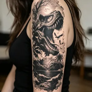 Vue détaillée d'un autocollant de tatouage temporaire T-Rex noir et blanc pour demi-bras.