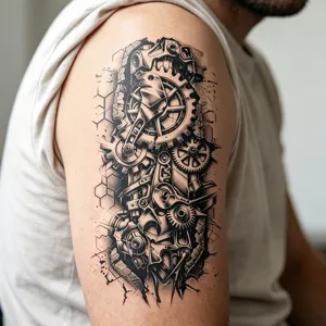 Autocollant de tatouage temporaire engrenage mécanique demi-bras art corporel