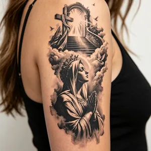 Autocollant de tatouage temporaire demi-bras noir et blanc, design de prière.
