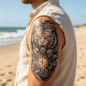 Autocollant de tatouage temporaire réaliste tigre noir et blanc avec montre de poche.