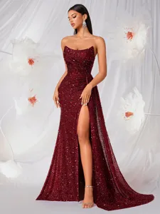 Vestido de noche burdeos sin tirantes con lentejuelas, abertura alta vestido de fiesta.