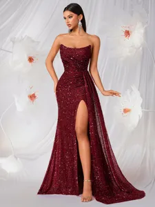 Vestido de Noche Elegante de Lentejuelas Rojo Vino Sin Tirantes Ajustado con Abertura Alta Sirena para Banquete Mujer