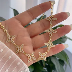 18k gold plated cubic zirconia witch knot necklace, vintage handmade pig nose chain jewelry.