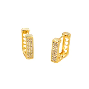 Chic geometric gold-plated hoop earrings decorated with sparkling zirconia crystals for women.