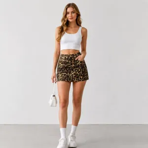 Leopard print denim mini skirt, sexy bodycon A-line jeans skirt for women fashion apparel.