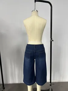 Loose straight-leg washed denim capri pants for women summer casual low waist blue jeans