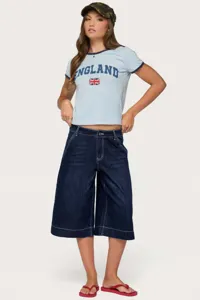 Casual low waist washed denim culottes summer loose straight cropped jeans for women detail.