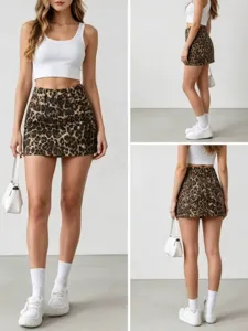 Women Sexy Leopard Print Denim Mini Skirt A-Line Bodycon Washed Cotton Blend Jean Bottom For Casual Daily Outdoor