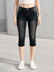 Donna lavato denim pantaloni capri slim elastico casual jeans tagliati estate moda slim