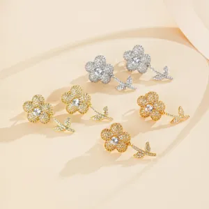 Boucles d'Oreilles Clous Pendantes Fleur en Cuivre Plaqué Or avec Zirconia Style Coréen Frais et Sucré pour Femme Bijoux Design Floral