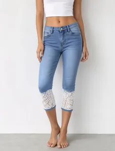 Women lace trim denim capri pants stretch washed casual fashion jeans apparel detail view