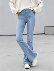 Stylish high waisted light blue stretch flare jeans for women, comfortable casual denim pants.