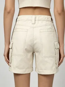 Pantaloncini in denim cargo beige da donna tasche utility casual risvolto dettaglio