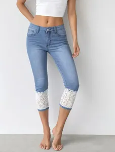 Women cropped denim jeans light blue washed with white lace hem casual summer pants