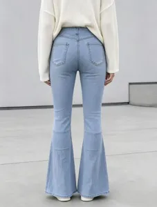 Women light blue high waist flare denim jeans, slim fit casual stretch long trousers.