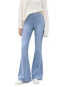 Women high waist stretch light blue flared jeans casual denim trousers fashion slim fit
