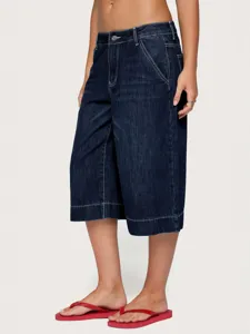 Low-waist loose straight washed denim capris for women summer casual chic daily wear